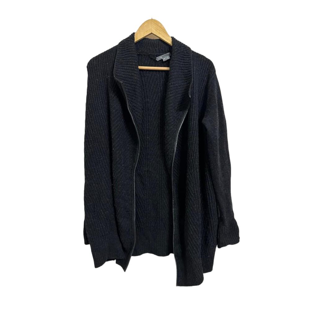 Vince Wool Cashmere Leather Trim Ribbed Zip Cardigan Black‎ XS